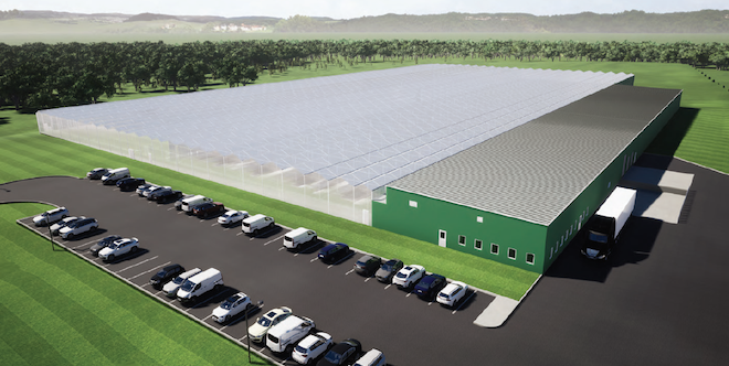 An artist's rendering of BrightFarms' 280,000-square-foot hydroponic greenhouse in North Carolina's Henderson County.