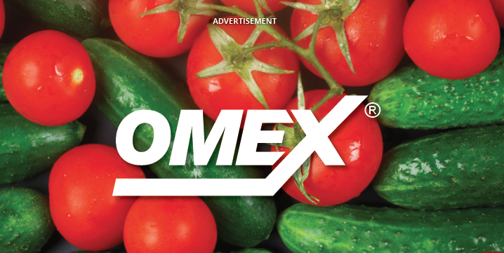 OMEX logo and picture of tomatoes and cucumbers