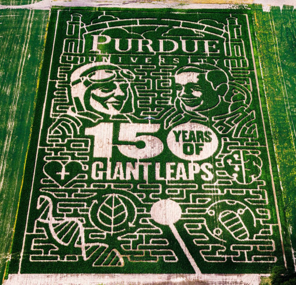 2019 Corn maze from Exploration Acres near Lafayette commemorating Purdue’s “150 Years of Giant Leaps.” Purdue University photo/Ted Schellenberger