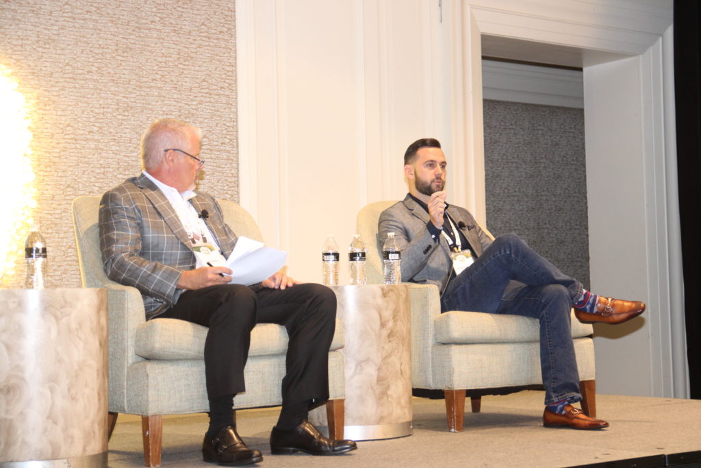 Tony DiMare, of the DiMare Co., left, moderates a panel discussion on how retail and foodservice operators are using fresh produce after the pandemic with Kroger’s Anthony Dapice.