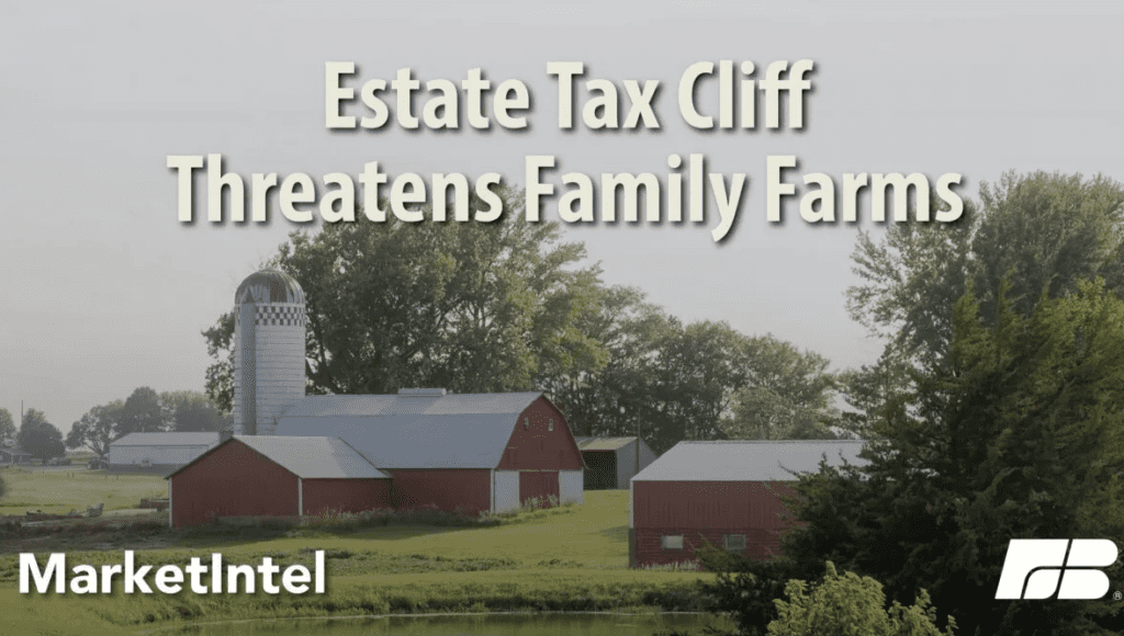 Farm with barn and silo with farm bureau estate tax text.