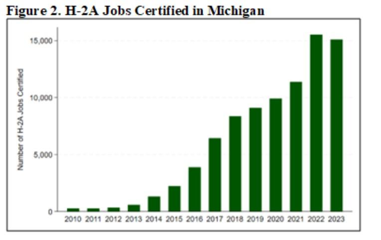Chart showing trends rising in H-2A jobs certified in Michigan.