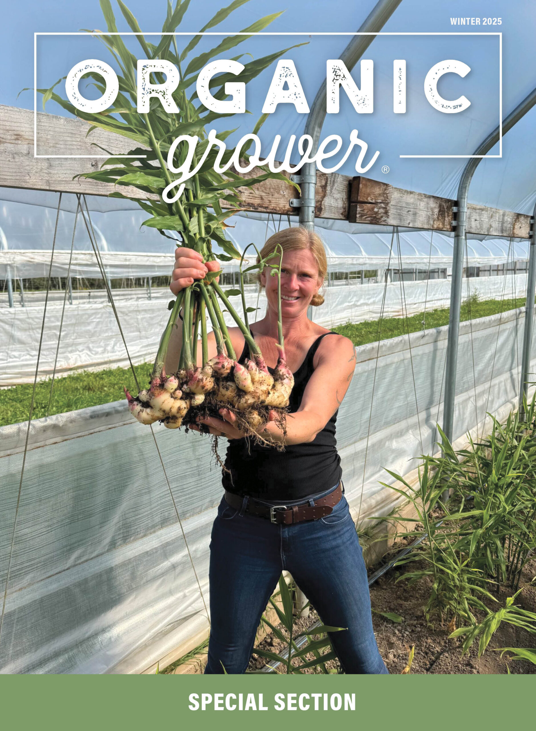 Becker pictured on the cover of Organic Grower magazine, holding produce in her hands