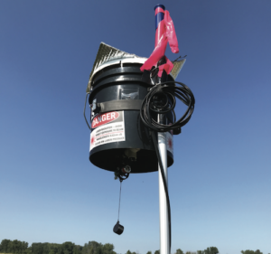 Laser scarecrow mounted on the bottom of a black bucket